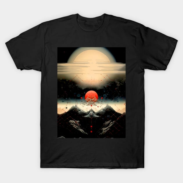 Japanese Geometry 7: Red Moon Landscape on a Dark Background T-Shirt by Puff Sumo